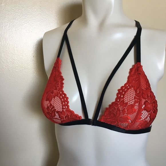 Red Strappy bralette lace front clasp handmade New - Picture 4 of 8